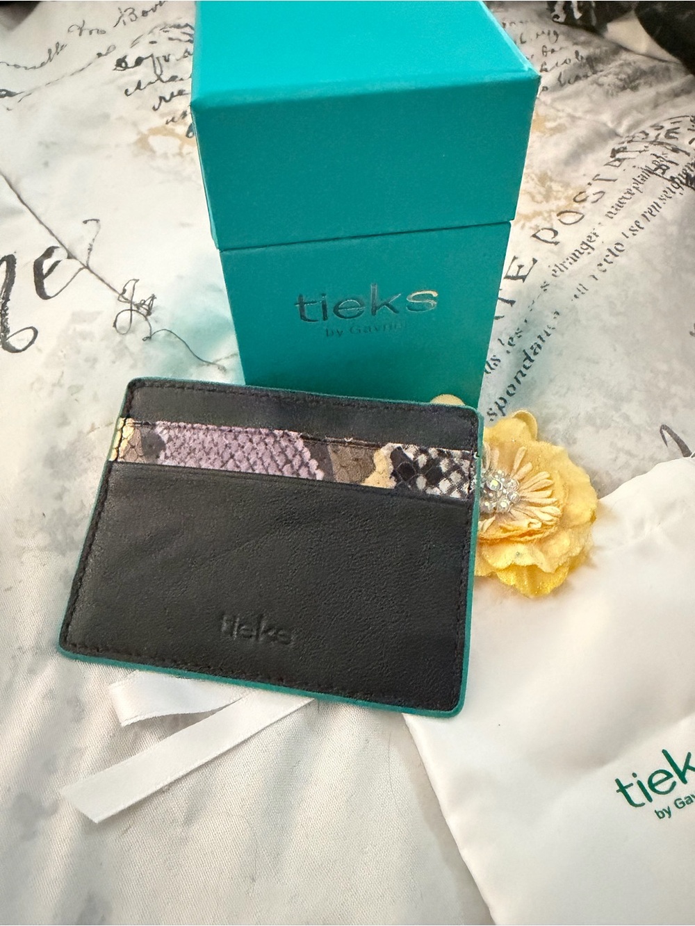 Tieks Black Leather Card Holder with Multicolor Snakeskin Accent